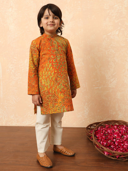 Boys Straight Style Cotton Fabric Orange And Green Color Floral Printed Kurta And Pyjama
