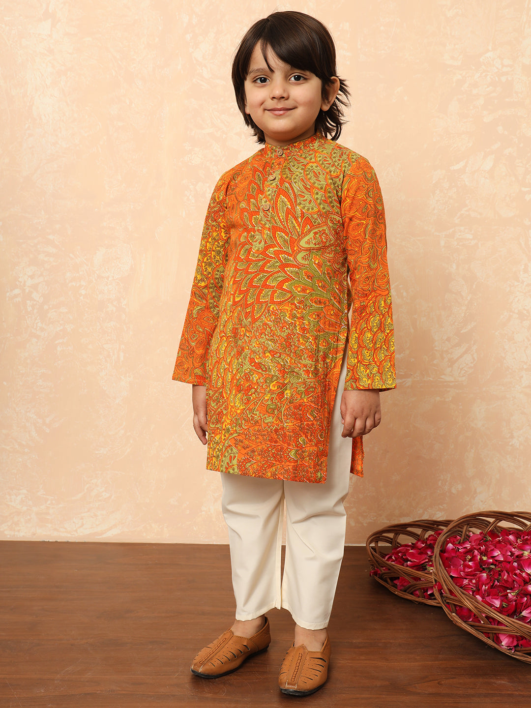 Boys Straight Style Cotton Fabric Orange And Green Color Floral Printed Kurta And Pyjama