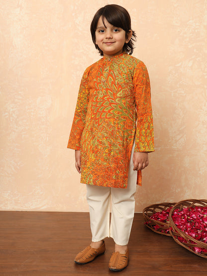 Boys Straight Style Cotton Fabric Orange And Green Color Floral Printed Kurta And Pyjama