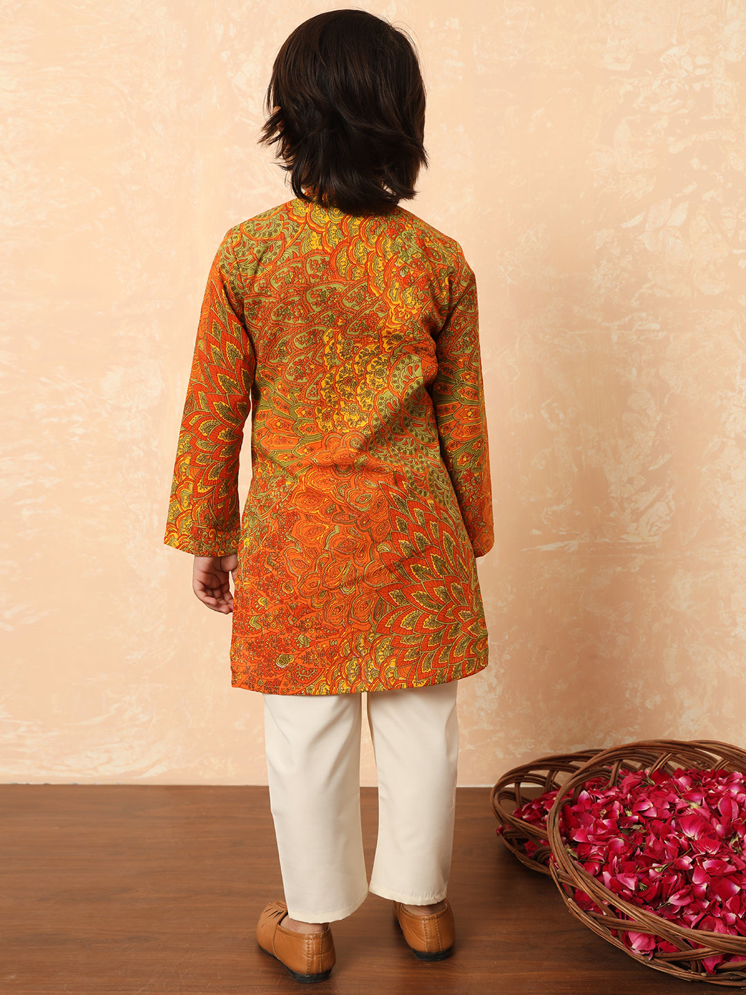 Boys Straight Style Cotton Fabric Orange And Green Color Floral Printed Kurta And Pyjama
