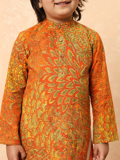 Boys Straight Style Cotton Fabric Orange And Green Color Floral Printed Kurta And Pyjama