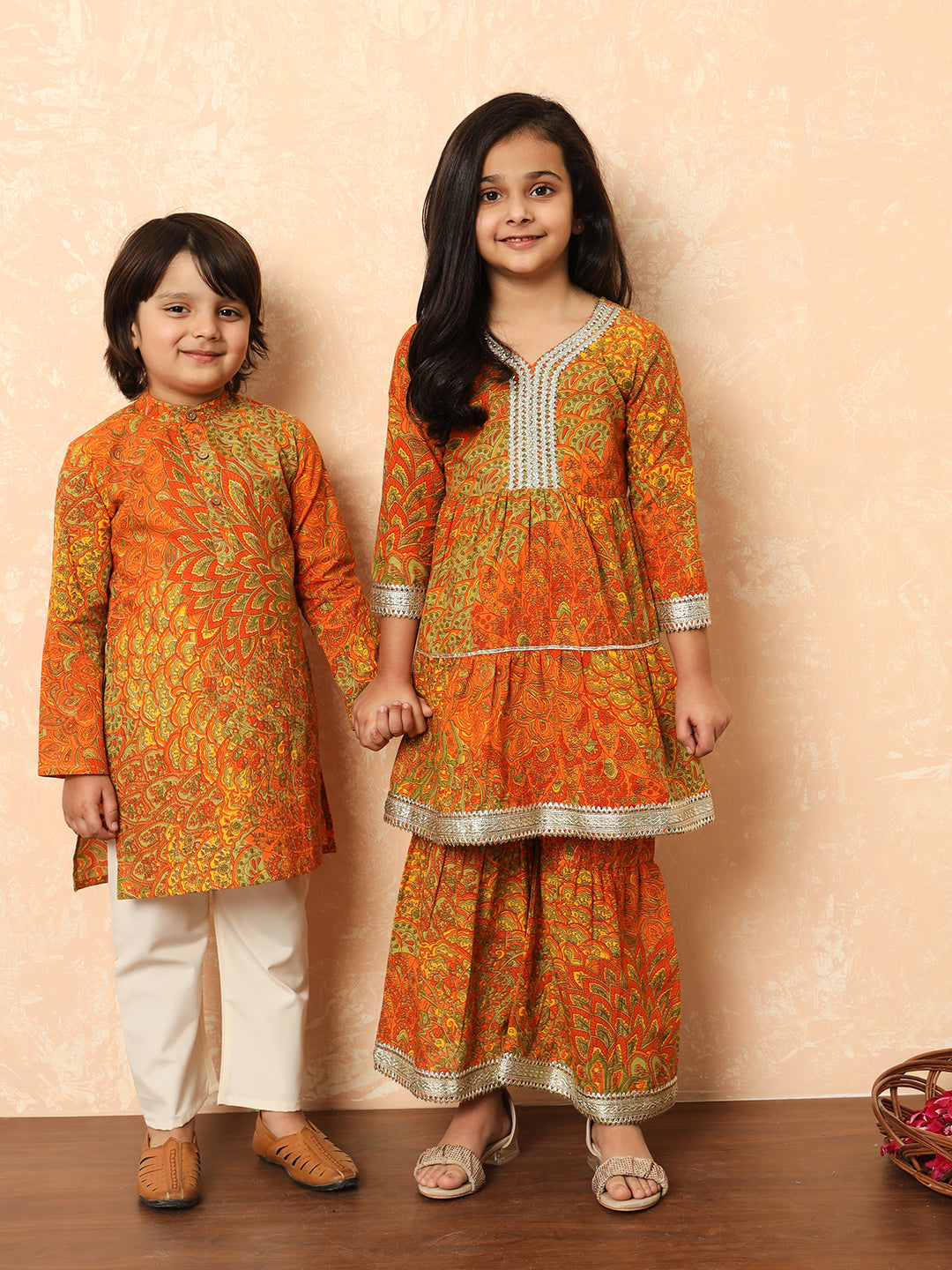 Boys Straight Style Cotton Fabric Orange And Green Color Floral Printed Kurta And Pyjama