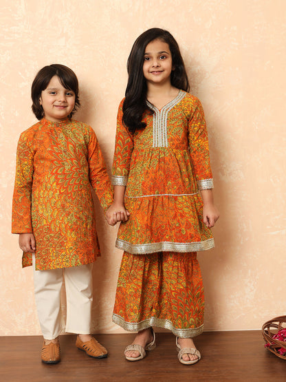 Boys Straight Style Cotton Fabric Orange And Green Color Floral Printed Kurta And Pyjama