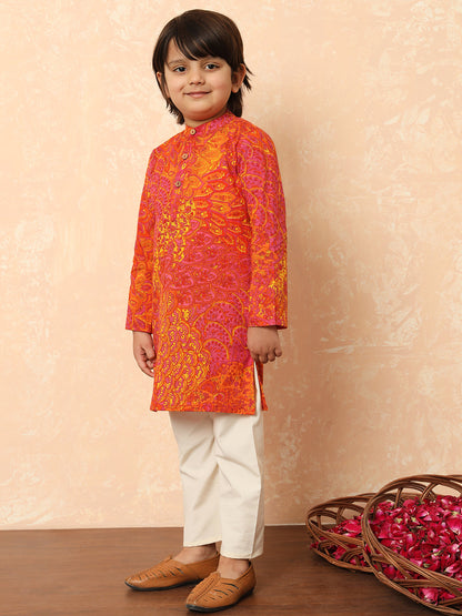 Boys Straight Style Cotton Fabric Pink And Orange Color Floral Printed Kurta And Pyjama