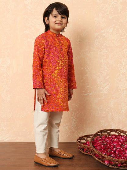 Boys Straight Style Cotton Fabric Pink And Orange Color Floral Printed Kurta And Pyjama