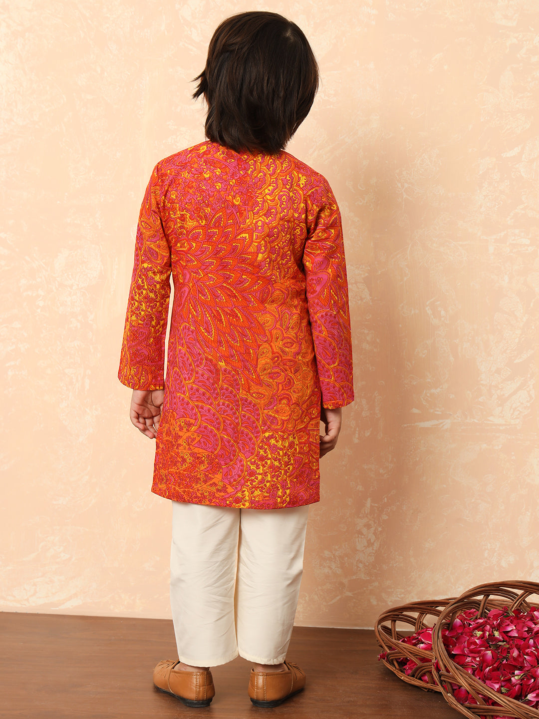 Boys Straight Style Cotton Fabric Pink And Orange Color Floral Printed Kurta And Pyjama