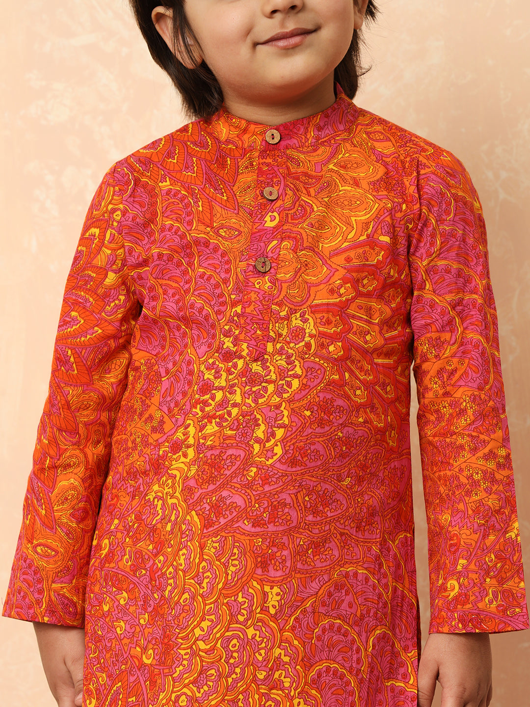 Boys Straight Style Cotton Fabric Pink And Orange Color Floral Printed Kurta And Pyjama