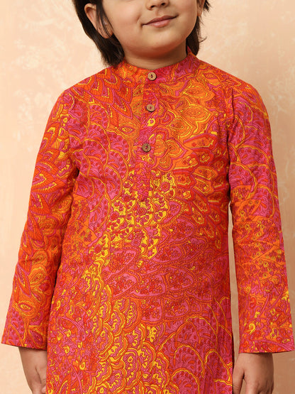Boys Straight Style Cotton Fabric Pink And Orange Color Floral Printed Kurta And Pyjama