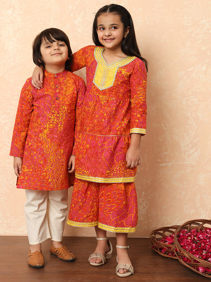 Boys Straight Style Cotton Fabric Pink And Orange Color Floral Printed Kurta And Pyjama