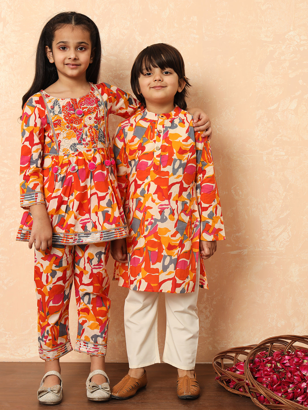 Boys Straight Style Cotton Fabric Orange Color Floral Printed Kurta And Pyjama