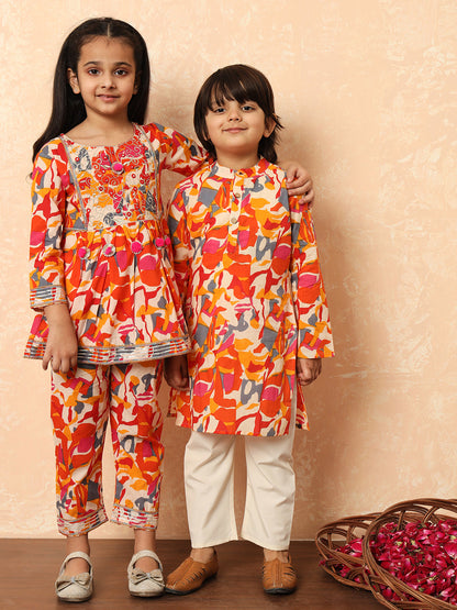 Boys Straight Style Cotton Fabric Orange Color Floral Printed Kurta And Pyjama