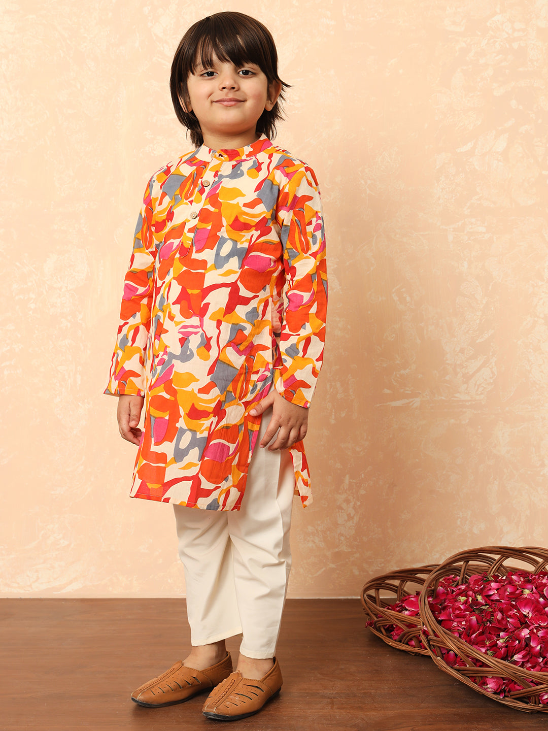 Boys Straight Style Cotton Fabric Orange Color Floral Printed Kurta And Pyjama