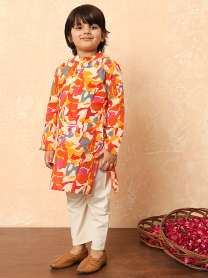 Boys Straight Style Cotton Fabric Orange Color Floral Printed Kurta And Pyjama
