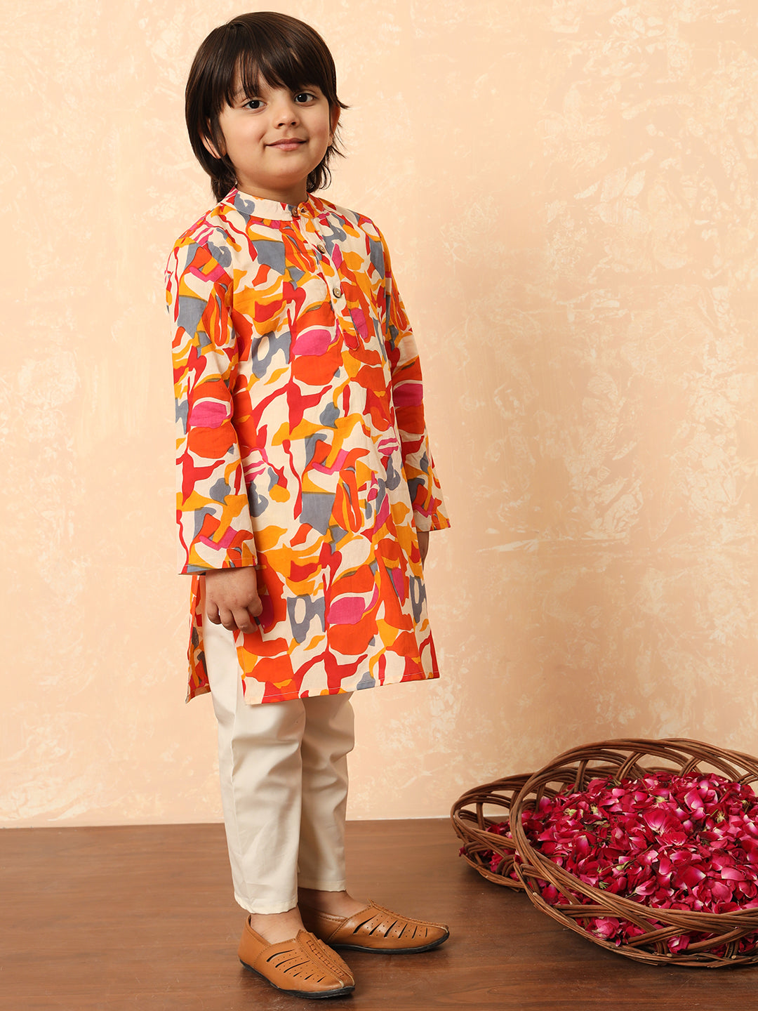 Boys Straight Style Cotton Fabric Orange Color Floral Printed Kurta And Pyjama