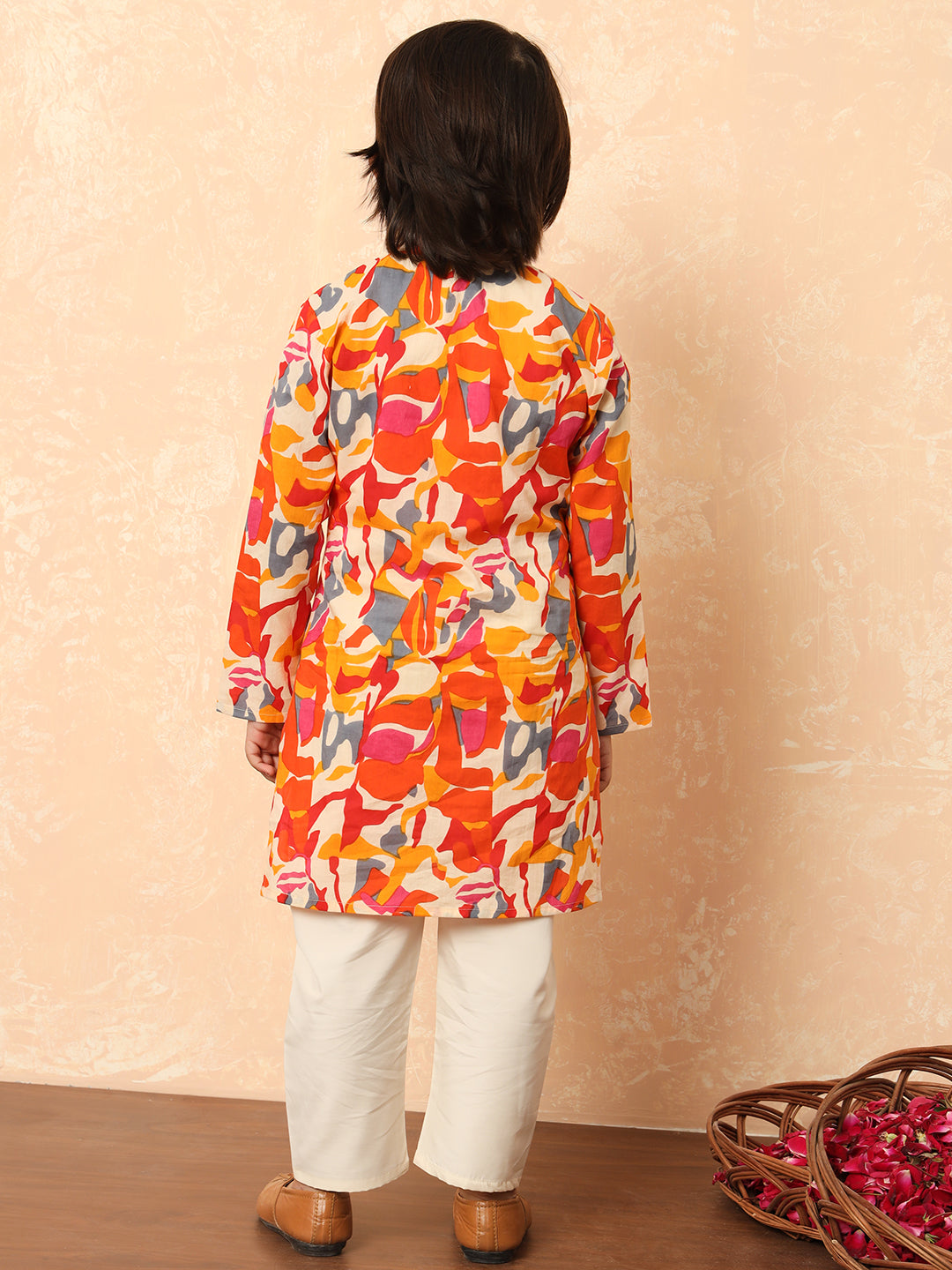 Boys Straight Style Cotton Fabric Orange Color Floral Printed Kurta And Pyjama