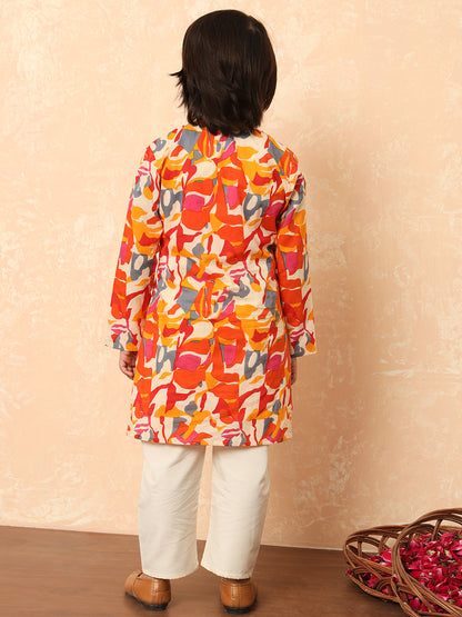 Boys Straight Style Cotton Fabric Orange Color Floral Printed Kurta And Pyjama