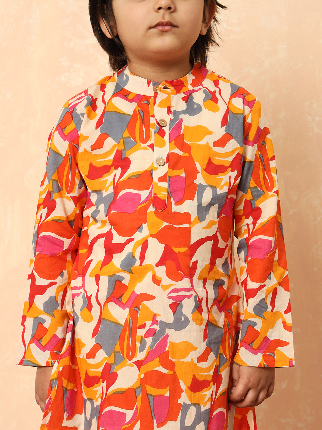 Boys Straight Style Cotton Fabric Orange Color Floral Printed Kurta And Pyjama