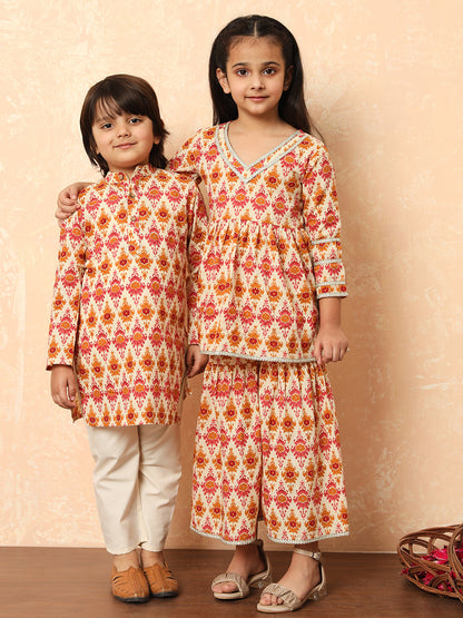 Girls Frock Style Cotton Fabric Cream Color Printed Kurti And Sharara With Gotta Lace Work