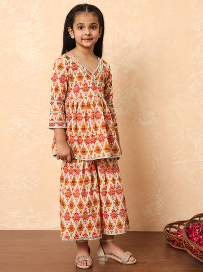 Girls Frock Style Cotton Fabric Cream Color Printed Kurti And Sharara With Gotta Lace Work