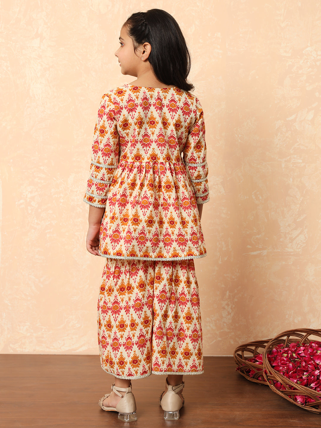 Girls Frock Style Cotton Fabric Cream Color Printed Kurti And Sharara With Gotta Lace Work