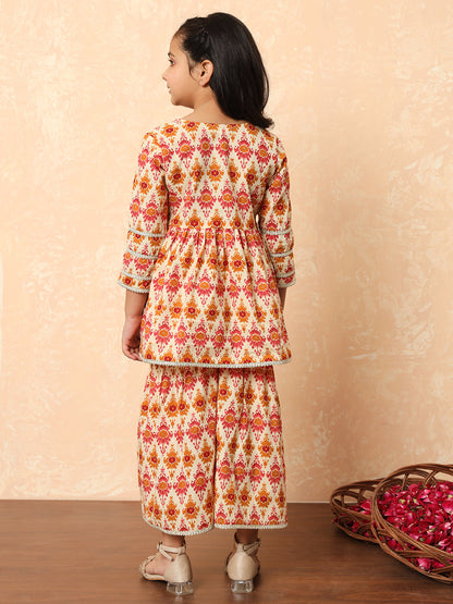 Girls Frock Style Cotton Fabric Cream Color Printed Kurti And Sharara With Gotta Lace Work