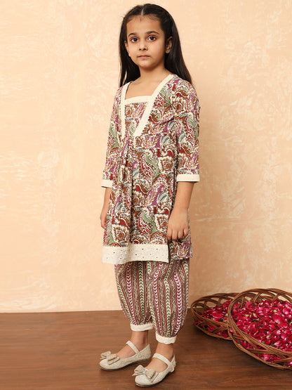 Girls A Line Style Cotton Fabric Purple Color Printed Kurti And Heram With Gotta Lace Work