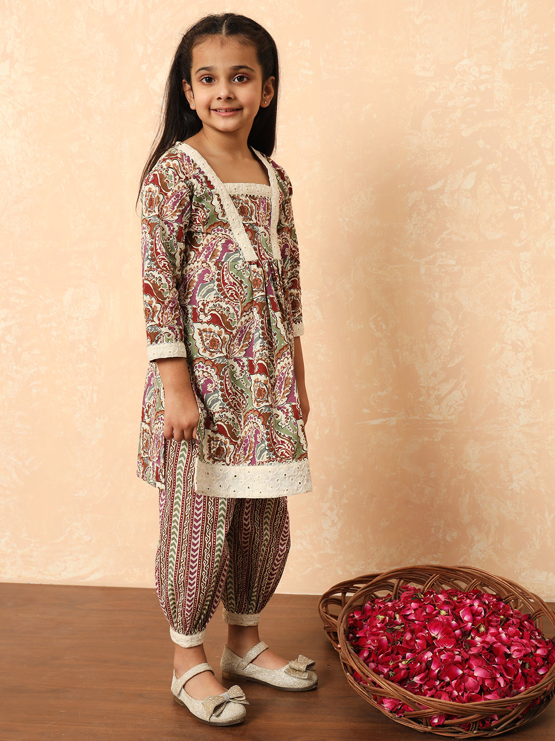 Girls A Line Style Cotton Fabric Purple Color Printed Kurti And Heram With Gotta Lace Work