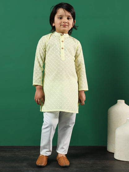 Boys Straight Style Cotton Fabric Yellow Color Chikankari Kurta And Pyjama