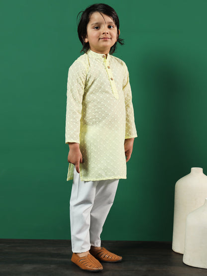 Boys Straight Style Cotton Fabric Yellow Color Chikankari Kurta And Pyjama