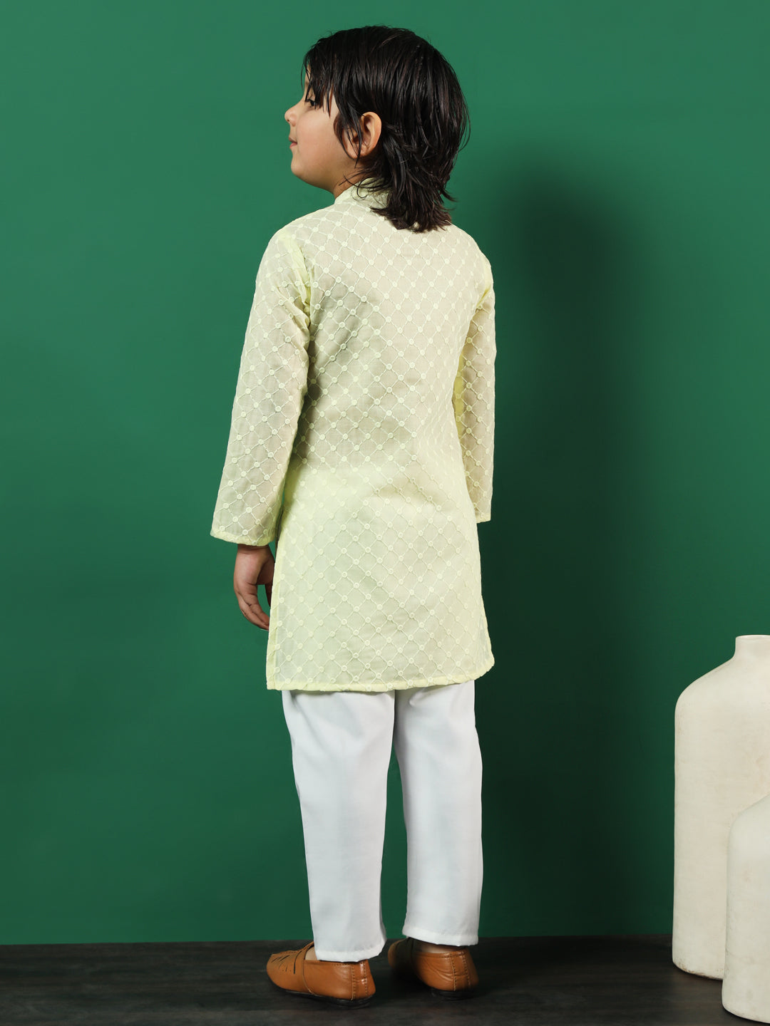 Boys Straight Style Cotton Fabric Yellow Color Chikankari Kurta And Pyjama