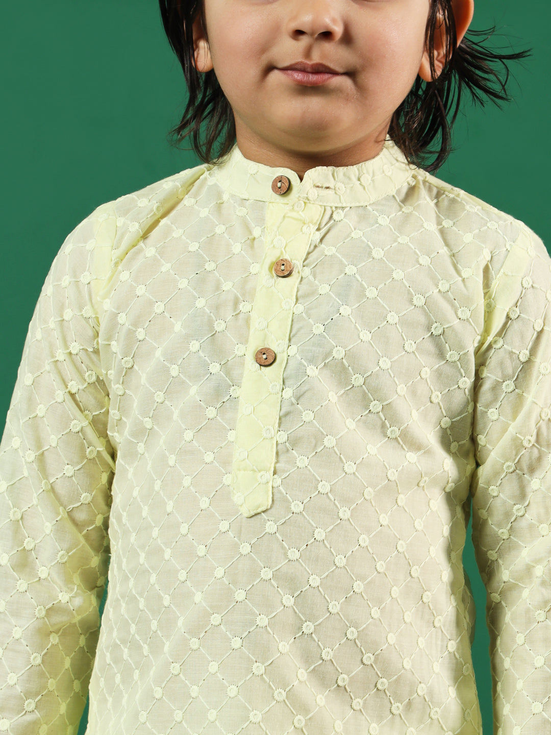 Boys Straight Style Cotton Fabric Yellow Color Chikankari Kurta And Pyjama