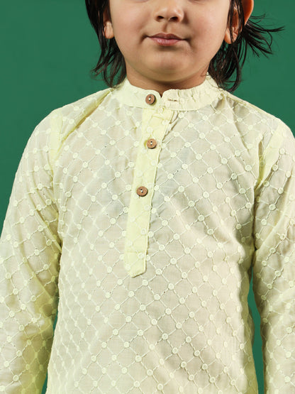 Boys Straight Style Cotton Fabric Yellow Color Chikankari Kurta And Pyjama