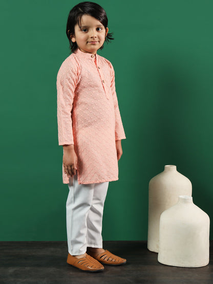 Boys Straight Style Cotton Fabric Peach Color Chikankari Kurta And Pyjama