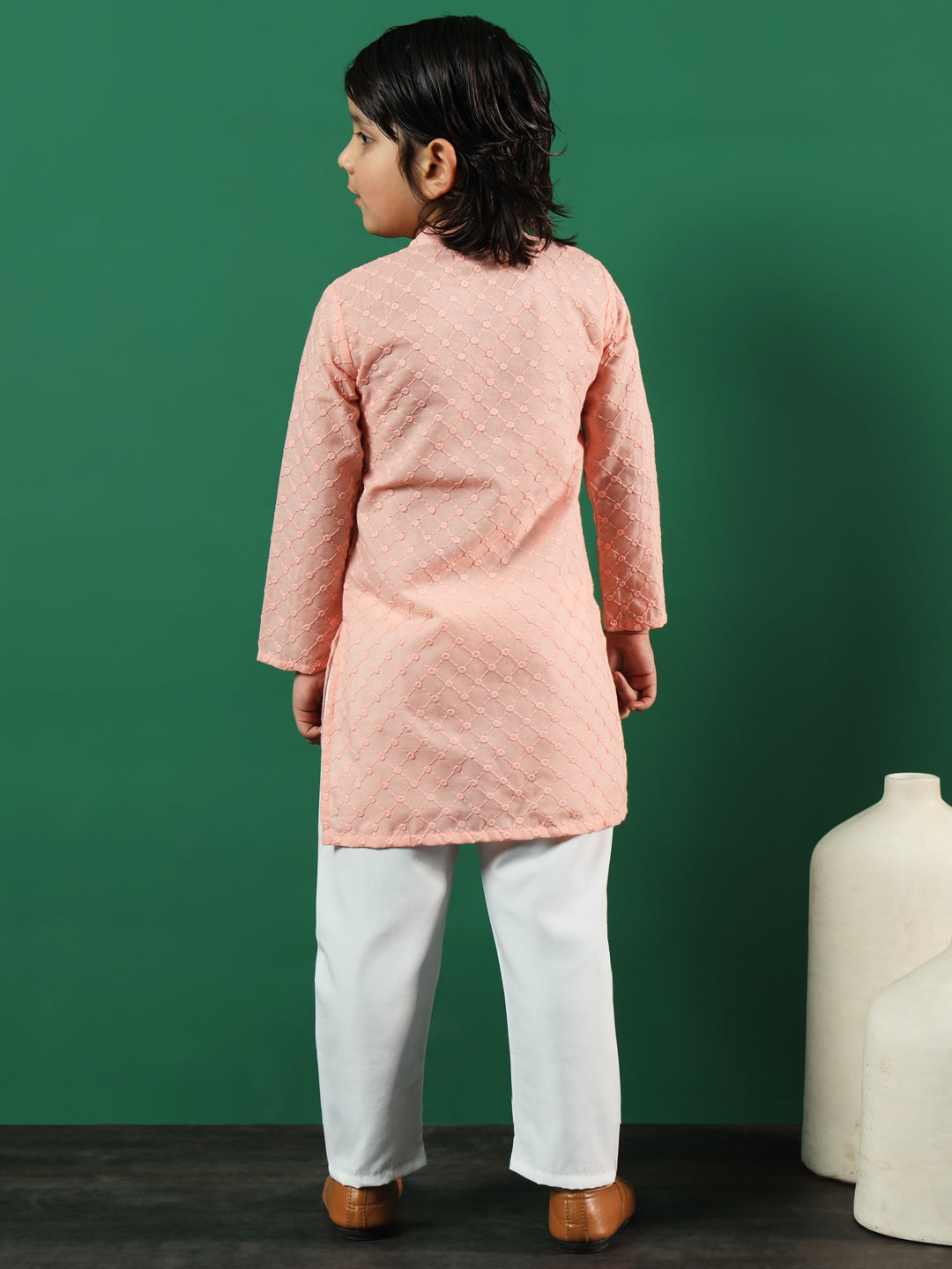 Boys Straight Style Cotton Fabric Peach Color Chikankari Kurta And Pyjama