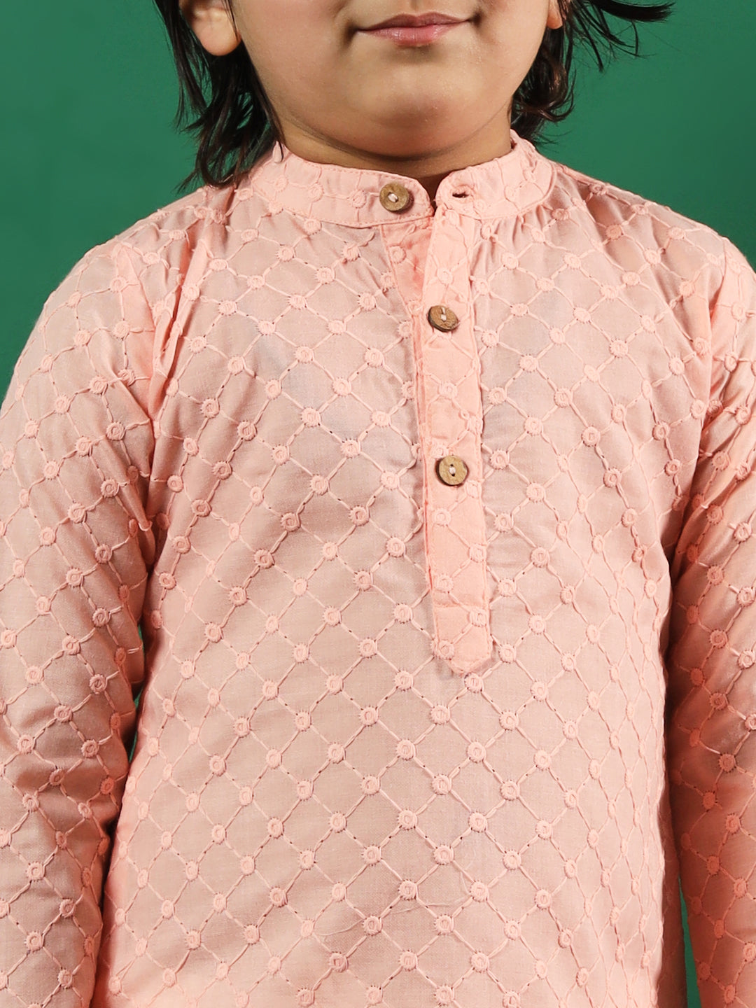 Boys Straight Style Cotton Fabric Peach Color Chikankari Kurta And Pyjama