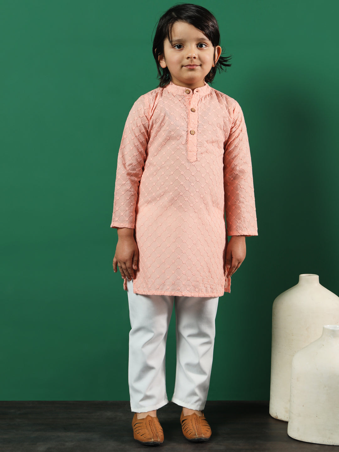Boys Straight Style Cotton Fabric Peach Color Chikankari Kurta And Pyjama