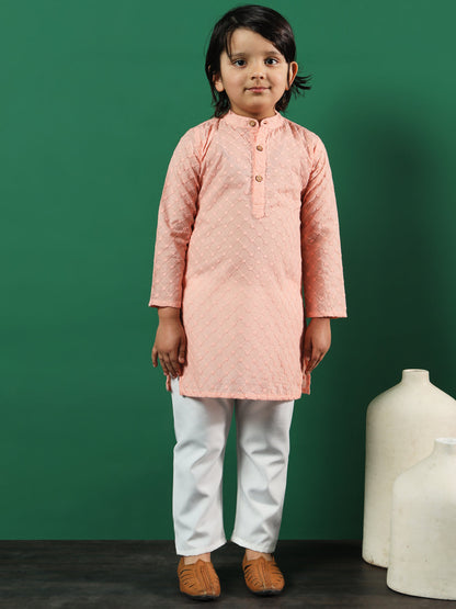 Boys Straight Style Cotton Fabric Peach Color Chikankari Kurta And Pyjama