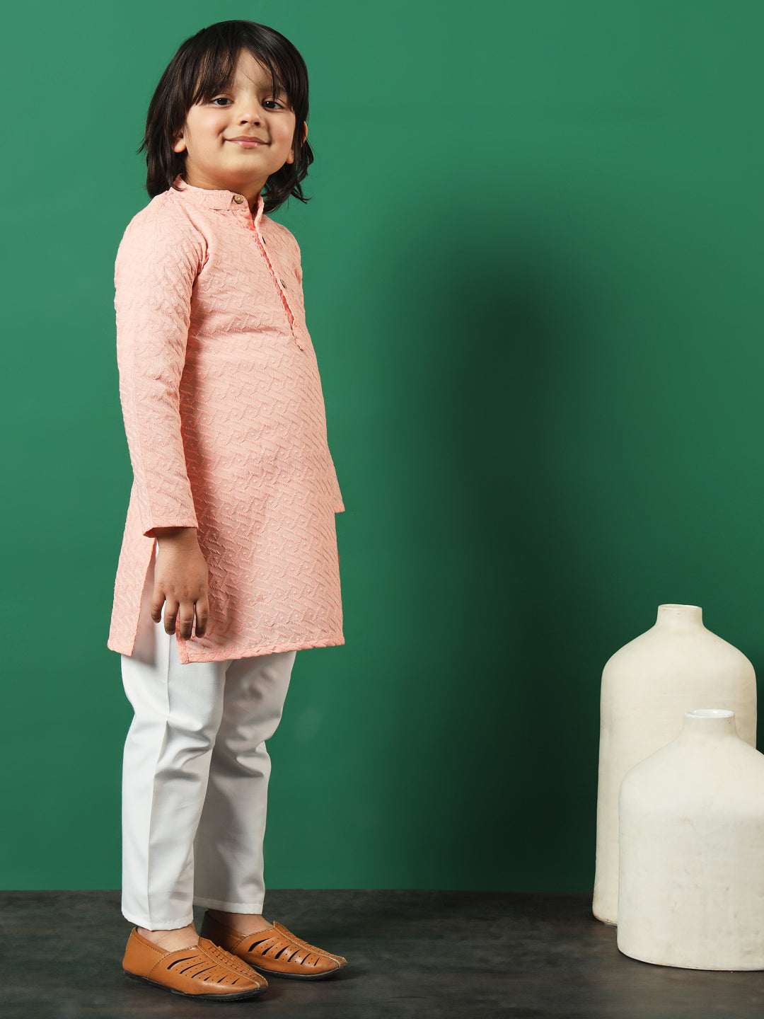 Boys Straight Style Cotton Fabric Peach Color Chikankari Kurta And Pyjama