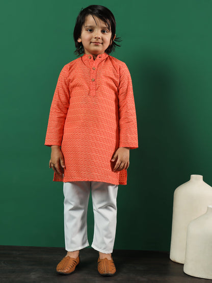 Boys Straight Style Cotton Fabric Orange Color Chikankari Kurta And Pyjama