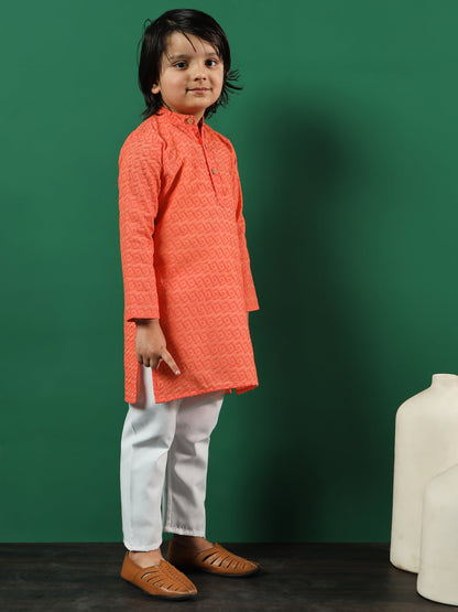 Boys Straight Style Cotton Fabric Orange Color Chikankari Kurta And Pyjama