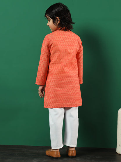 Boys Straight Style Cotton Fabric Orange Color Chikankari Kurta And Pyjama