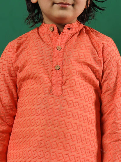 Boys Straight Style Cotton Fabric Orange Color Chikankari Kurta And Pyjama
