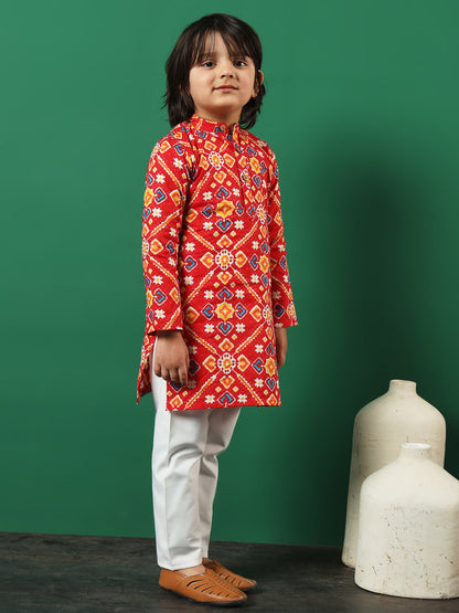 Boys Straight Style Cotton Fabric Red Color Printed Kurta And Pyjama