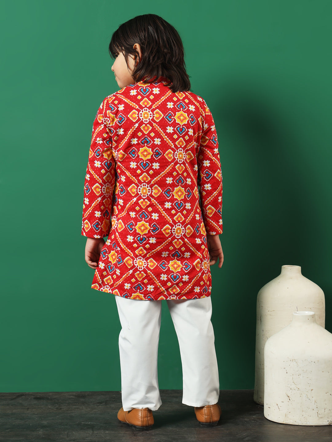 Boys Straight Style Cotton Fabric Red Color Printed Kurta And Pyjama
