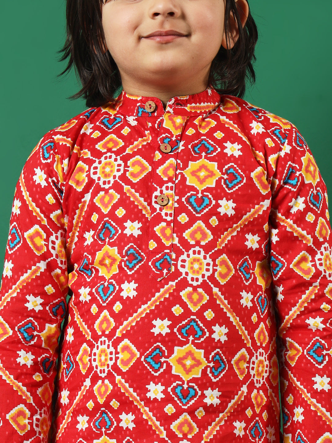 Boys Straight Style Cotton Fabric Red Color Printed Kurta And Pyjama