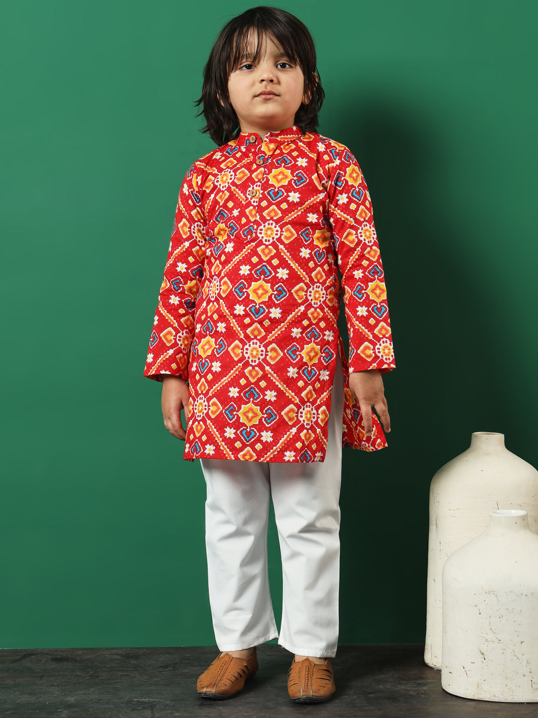 Boys Straight Style Cotton Fabric Red Color Printed Kurta And Pyjama