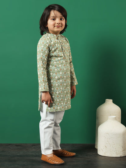 Boys Straight Style Cotton Fabric Green Color Chikankari Kurta And Pyjama