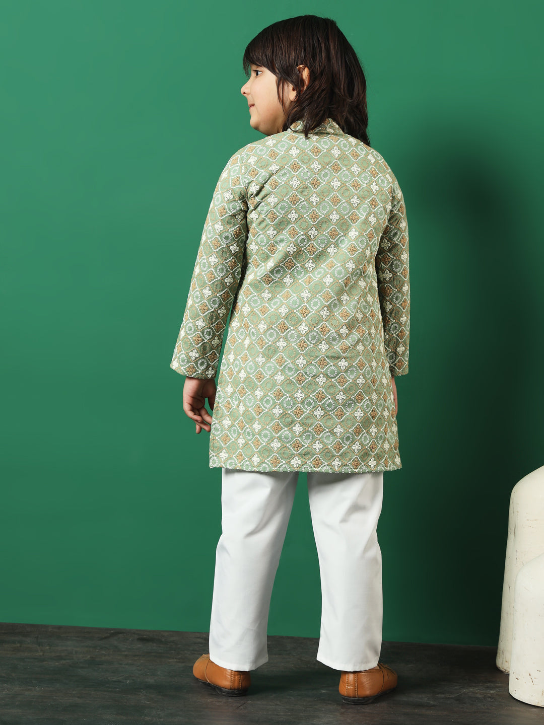 Boys Straight Style Cotton Fabric Green Color Chikankari Kurta And Pyjama