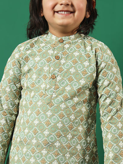 Boys Straight Style Cotton Fabric Green Color Chikankari Kurta And Pyjama