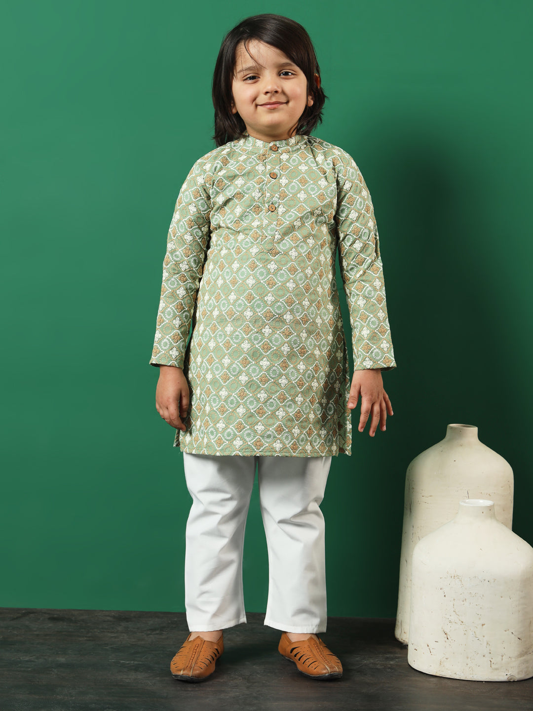 Boys Straight Style Cotton Fabric Green Color Chikankari Kurta And Pyjama
